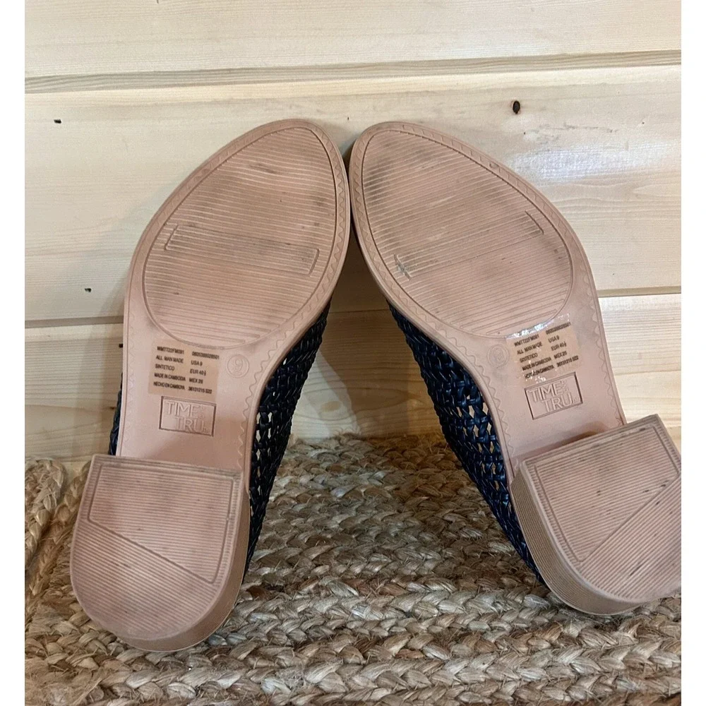 Time & True Mules Shoes Womens Size 9 Open Weave Stack Heel Clog Slides Black
